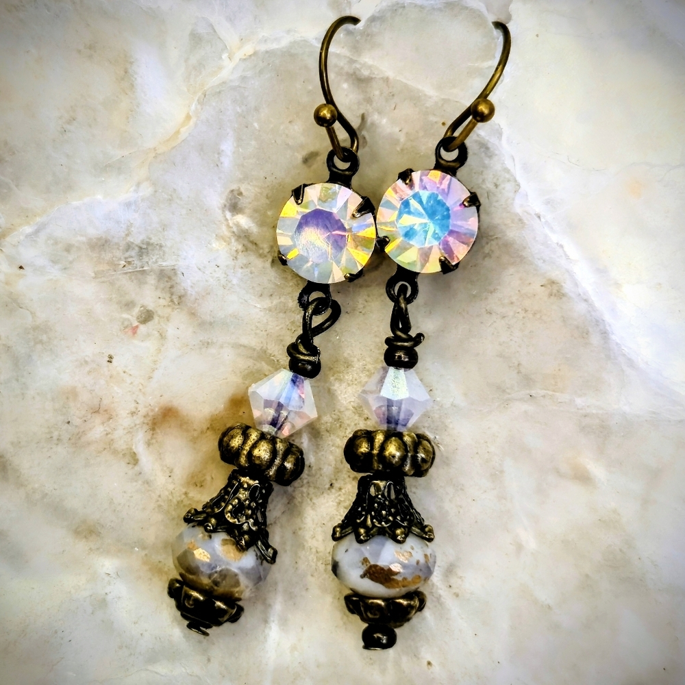 Victorian Rustic White & Gold W/ White Opal AB Crystal In Brass Earrings